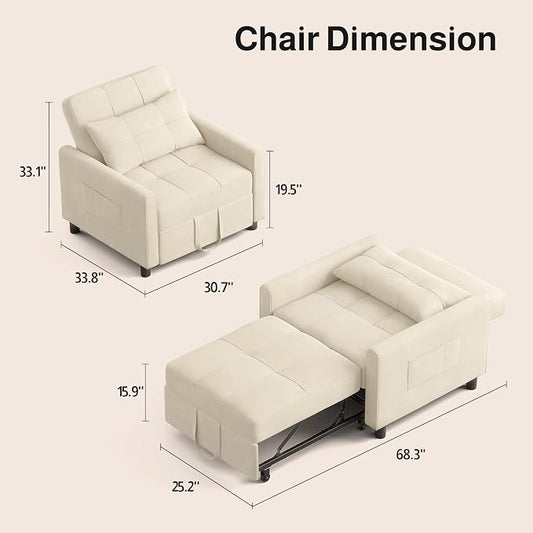 Ahomly Convertible Sofa Bed, 3-in-1 Multi-Functional Sleeper Chair Bed, Adjustable Backrest Recliner with Modern Linen Fabric for Living Room Bedroom Apartment Small Space, Beige