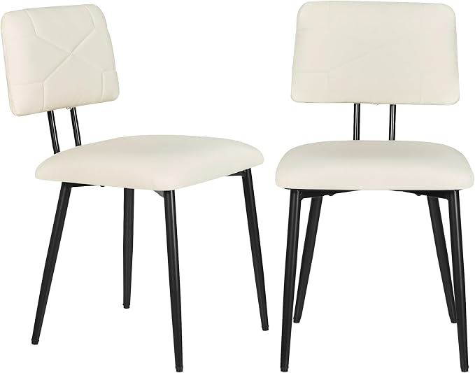 VECELO Dining Chairs Set of 2, Modern Upholstered Kitchen Chairs with Faux Leather Cushion Seat & Metal Legs for Kitchen, Living Room, Tufted Backrest Design, Beige