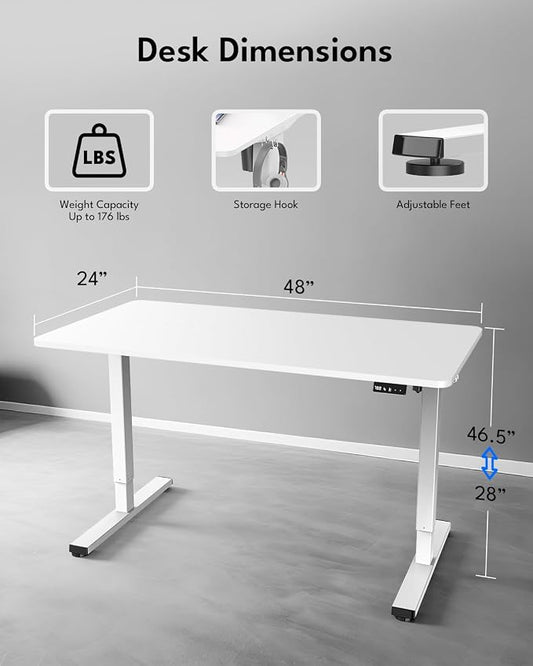 Standing Desk, Height Adjustable Electric Stand up Desk, 48 x 24 Inches Sit Stand Home Office Desk with Splice Board, White Frame/White Top
