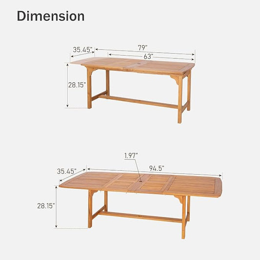 PHI VILLA Teak Outdoor Table, Expandable Wood Table w/Umbrella Hole | Large rectangle acacia wood table for 6-8. Perfect for patio, deck, porch, backyard