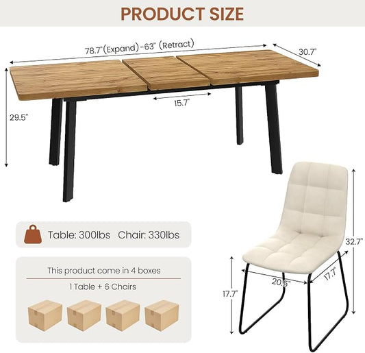 Extendable Dining Table Set for 6 to 8 People, 63" to 78.7" Modern Kitchen Table Set with 6 Chairs, MDF Dining Room Table and Chairs with Removable Extension Leaf (Walnut Table+U-Shaped White Chairs)