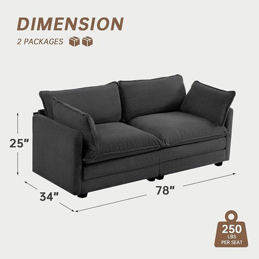 ROWHY 78'' Sectional 2 Seat Cloud Loveseat with 2 Throw Pillows, Modern Corduroy Love Seat, Convertible Cozy Sofa for Living Room, Bedroom and Office, Dark Grey