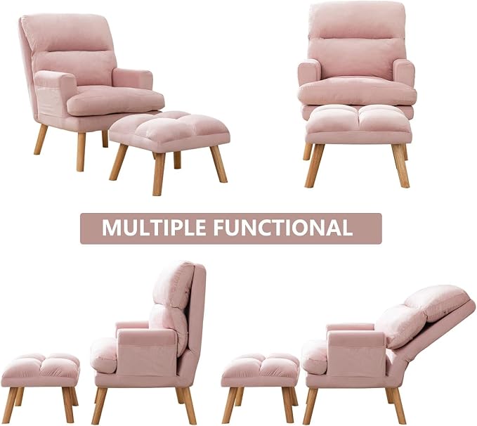 CANMOV Modern Accent Chair with Ottoman Set of 2, Soft Fabric Armchair with Adjustable Backrest and Side Pockets, Comfy Lounge Chair for Living Room, Bedroom, Apartment, Office, Pink