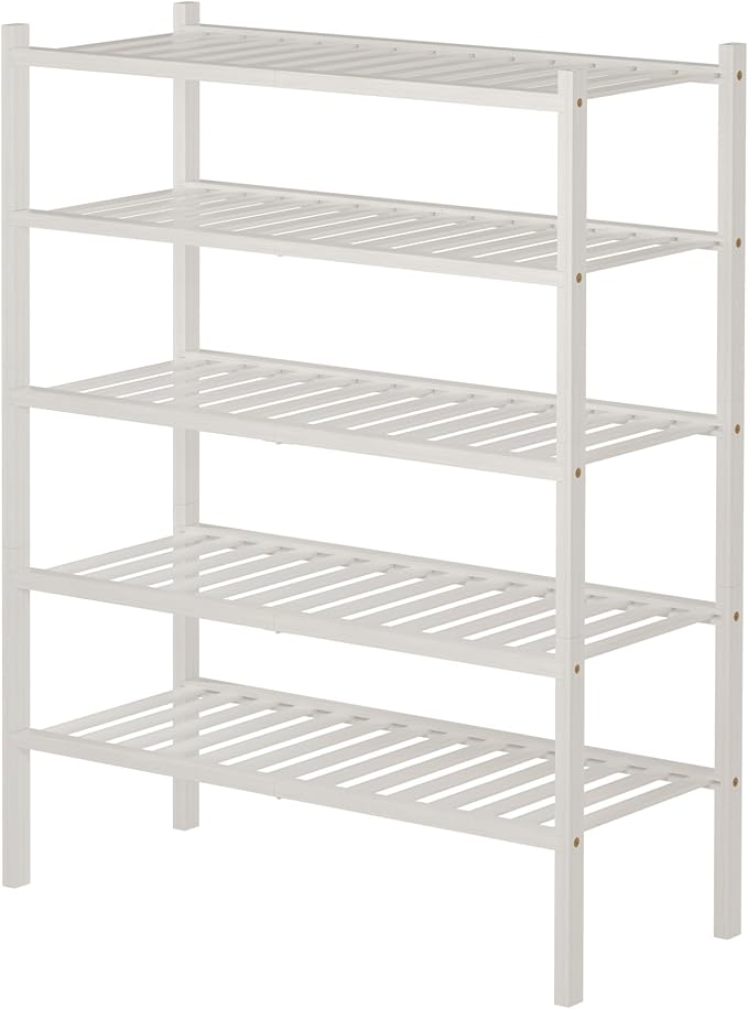 ROMGUAR CRAFT 5 Tier Bamboo Shoe Rack for Closet Free Standing Wood Shoe Shelf for Entryway Small Space Stackable 27"x11"x33" (White)