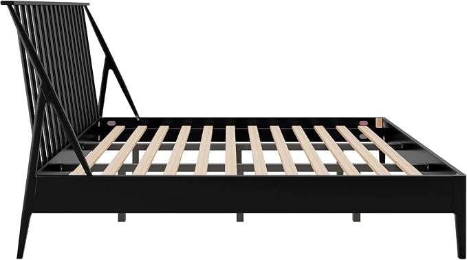 Merax King Size Solid Bamboo Wood Spindle Platform Bed with 46.5" Tall Headboard, Bohemian Bed Frame with Wooden Slats and Metal Support, Mid-Century Modern Style, No Box Spring Needed, Black