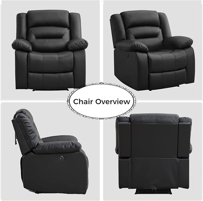 EBELLO Classic Power Recliner Chair, Faux Leather Oversized Electric Overstuffed Chair with Thicked Cushion and Back, Single Sofa with Comfortable Armchair, Black, 2Pcs
