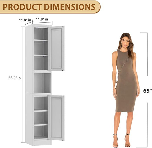 Tall Metal Narrow Bathroom Storage Cabinet 67" H, Tall White Pantry Cabinets with 4 Adjustable Shelves and 2 Doors for Kitchen, Home Office, Living Room, Dining Room(11.8 inches Wide)