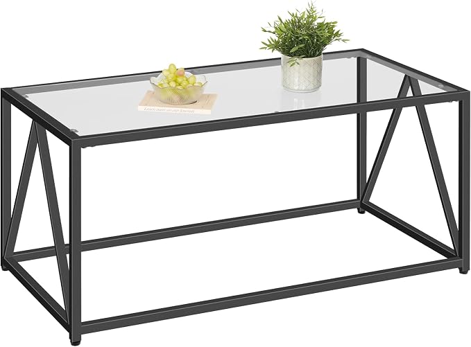 HOOBRO Glass Coffee Table, Black Coffee Tables for Living Room, Black Glass Coffee Table,1 Layer Center Table, Modern, for Apartment, Office, 39.4 x 19.7 x 17.7 Inches, Easy Assembly, Black BK04KF01
