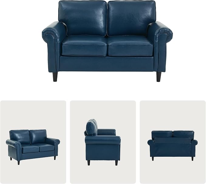 Kingfun Loveseat 2 Seater Couch, Mid Century Modern Faux Leather Sofa with Rolled Arms and Deep Seats, Fluffy Comfort for Living Room, Apartment, Easy Assembly, Blue