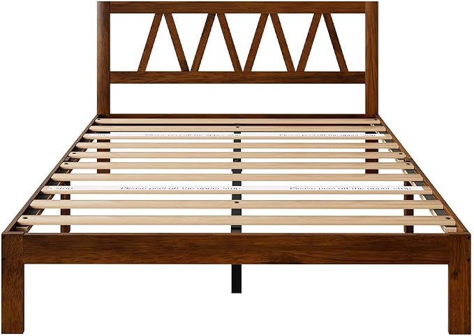 Novilla 12 Inch Queen Bed Frame with Headboard Bed Frame Queen Size Solid Wooden Bed Frame Foundation with Wood Slat Support, No Box Spring Needed, Easy Assembly, Walnut