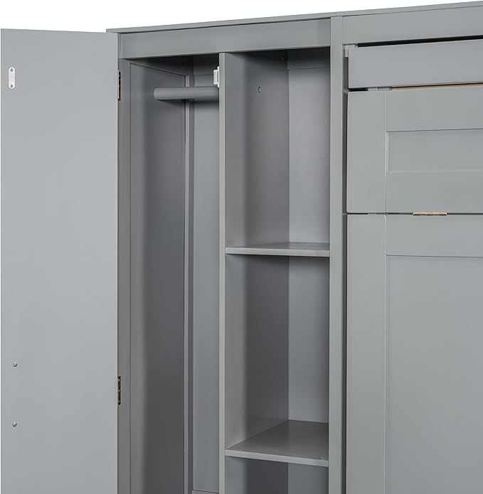 Merax Queen Size Murphy Bed Wall Bed with Shelves, Drawers and LED Lights,Gray