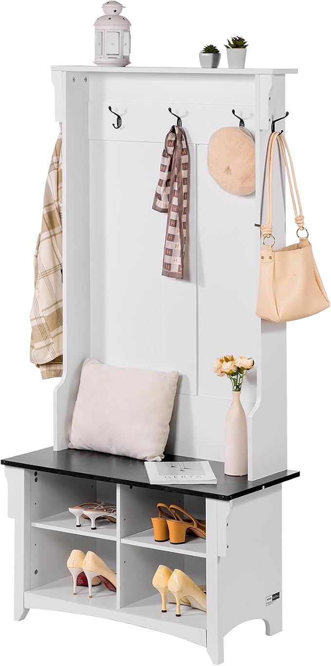VEVOR Hall Tree Entryway Bench, Coat Rack with Shoe Storage, 32" Wide Mudroom Bench with Seating and Adjustable Shelves, 5 Hanging Hooks and 4 Storage Drawers, for Mudroom, Entryway, Hallway