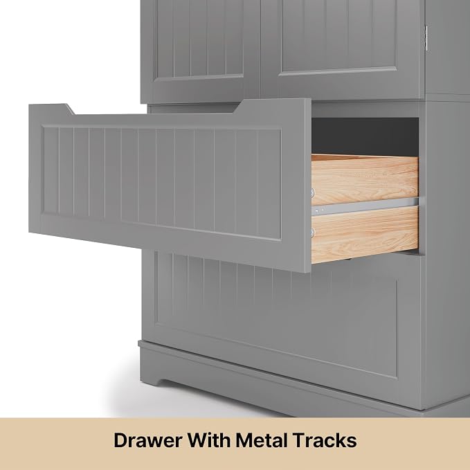 Gizoon Pantry Storage Cabinet with Drawers Freestanding Kitchen Storage Cabinets with Doors and Shelves, 63" Food Pantry for Dining Room Craft Room, Gray, Painted