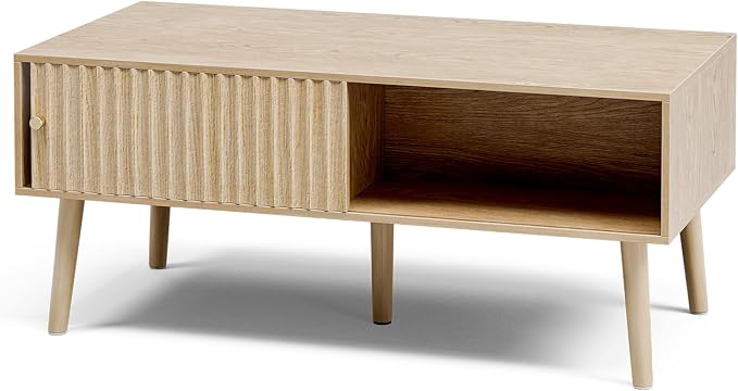 LCRBOL Coffee Table with Fluted Sliding Door, Modern, Natural | 39.3"L x 19.7"W x 17.1"H, double-sided sliding door & open shelf (7.5" clearance), golden knob, 5 tapered legs
