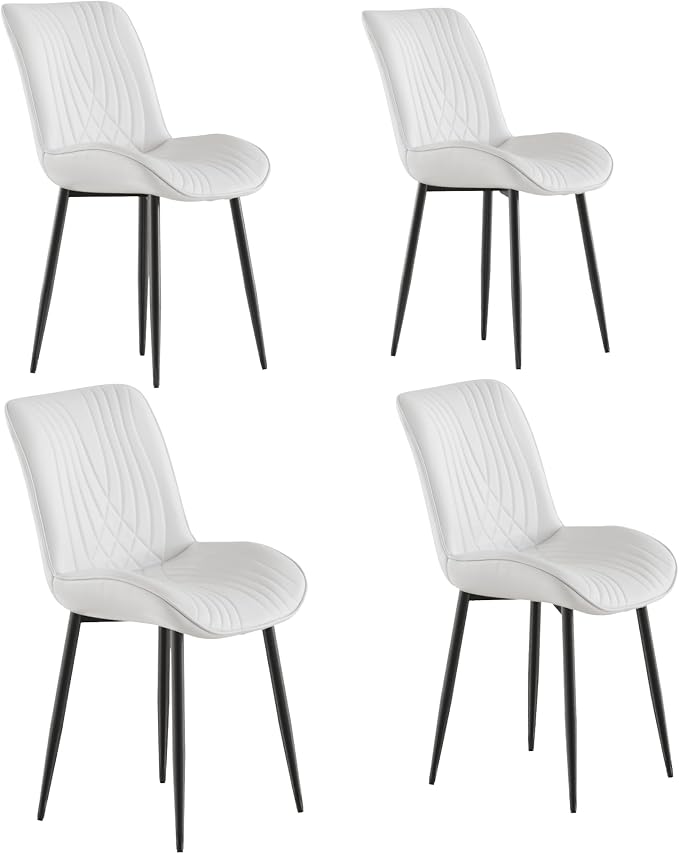 VECELO Dining Chairs Set of 4, Modern Upholstered Faux Leather Cushion Seat and Metal Legs for Kitchen, Living Room, White