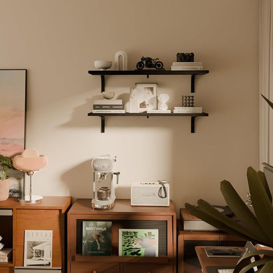 12 Inch Deep Floating Shelves Set of 2, 36 Inch Extra Wide Black Solid Wood Wall Shelves with 100 lbs Capacity, Heavy Duty Farmhouse Wall Mounted Shelving for Kitchen, Living Room & Bathroom