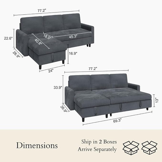 77" Pull Out Sleeper Sofa Bed with Storage Chaise, L-Shaped Corduroy Sectional Couch, 3-Seater Convertible Sofa Bed for Small Space, Apartment & Guest Room, Pet-Friendly & Easy Assembly, Dark Grey