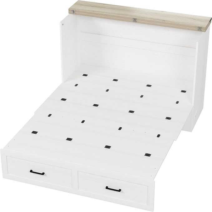 Merax Modern Farmhouse Solid Wood Murphy Cabinet Bed with Charging Station, Foldable Wall Platform Bed with Storage Drawer/No Box Spring Needed/Easy Assemble/Queen, White
