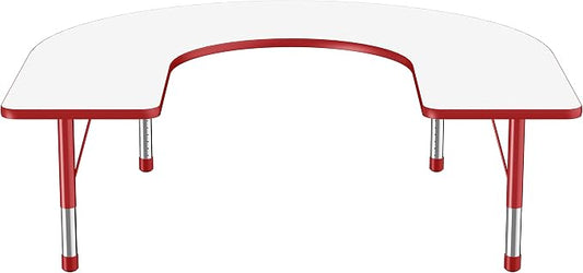 FDP Dry-Erase Horseshoe Activity School and Classroom Kids Table (60 x 66 inch), Chunky Toddler Legs for Collaborative Spaces, Adjustable Height 15-24 inches - Whiteboard Top, Red Edge and Legs