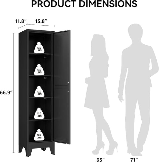 COFaR 67" Metal Pantry Cabinet, Black Storage Cabinet with Magnetic Door & 4 Adjustable Shelves, Slim Freestanding Cupboard for Office, Kitchen, Bathroom