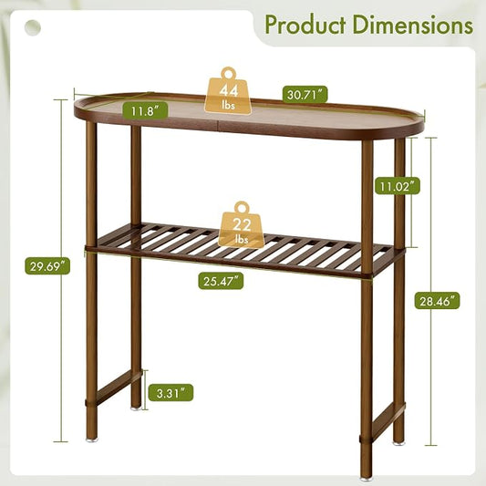 Small Entryway Table Bamboo 30.7", Narrow Hallway Table 2-tier, Slim Console Table with Anti-fall Edge, Sofa Side Table 5min Easy Assembly, Small TV Stand for Bedroom, Indoor Plant Stand, Dark Walnut