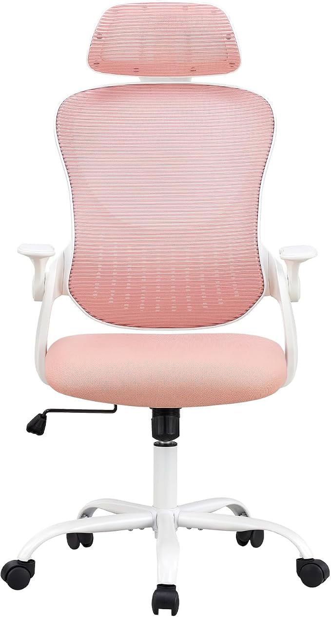 DUMOS Ergonomic Office Chair – High Back Mesh Computer Chair with Lumbar Support, Headrest, Flip-up Arms, and Swivel Wheels – Comfortable Gaming & Desk Chair for Home Bedroom Office,Pink