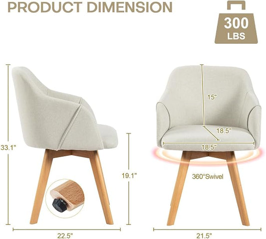 Swivel Dining Chairs Set of 2, Mid Century Modern Dining Chairs with Arms and Wood Legs, Linen Fabric Upholstered Kitchen Chairs for Dining Room Living Room, Comfortable Widen Seat, Beige