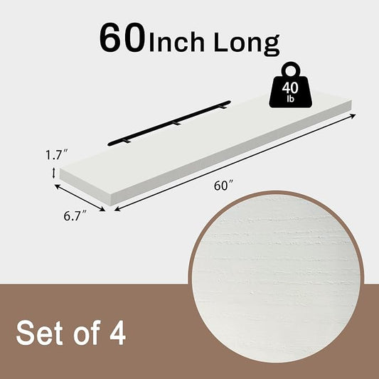 Floating Shelves for Wall, 60 Inch Extra Long White Wall Shelves, Set of 4, Hanging Invisible Brackets Floating Shelves for Living Room,Bedroom,and Kitchen