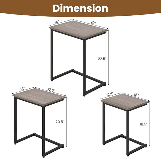 GOFLAME Nesting Coffee Tables Set of 3, Rectangular Nesting Center Table with Wood Grain Top & Metal Frame, Modern C-Shaped Nested Side Table Set for Living Room, Bedroom, Black & Oak