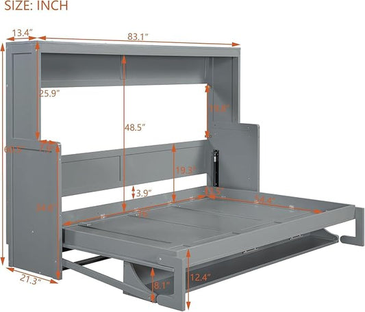 Virubi Full Horizontal Murphy Bed with Desk,Solid Wood Folding Hideaway Murphy Wall Bed for Adult,Guest Room (Grey,Full)