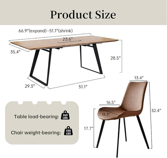 ZckyCine 51‑67 Inch Expandable Dining Set with 6 PU Leather Chairs, Wooden Furniture for Small‑Size Homes
