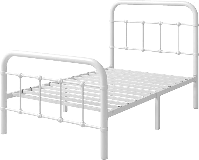 Allewie Twin Size Metal Platform Bed Frame with Victorian Style Wrought Iron-Art Headboard/Footboard, No Box Spring Required, White