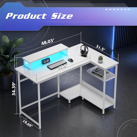 DEVAISE 47" L Shaped Gaming Desk with LED Lights and Power Outlets - Spacious Corner Computer Table with Monitor Stand and Storage Shelves for Work and Gaming, White