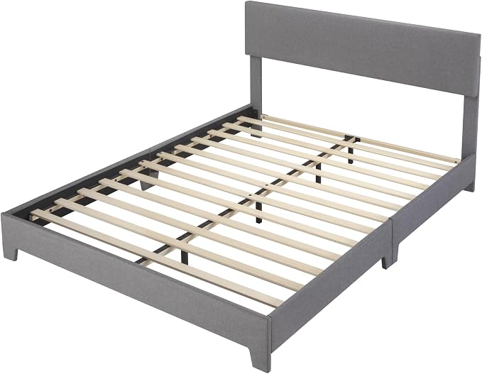 Allewie Full Size Bed Frame with Adjustable Headboard, Upholstered Platform Bed with Wood Slats, Heavy Duty Mattress Foundation, No Box Spring Needed, Noise-Free, Easy Assembly, Light Grey