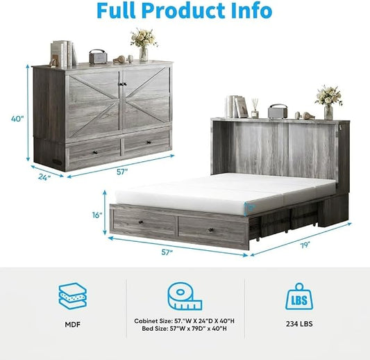 Mjkone Cabinet Murphy Bed Full Size with Tri-Fold Mattress Included, Farmhouse Chest Cabinet Beds Guest Wall Bed with USB Charging Station and 2 Storage Drawers for Bedroom Home Office, Gray