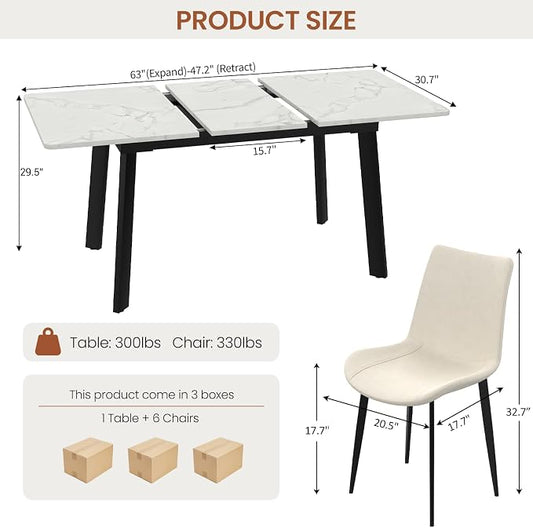 47.2"-63" Extendable Dining Room Table Set for 4-8 People, White | Removable Extension Leaf, Durable MDF Rectangle Tabletop, 6 Beige Sleek Faux Leather Chairs, Heavy Duty Modern Kitchen Table