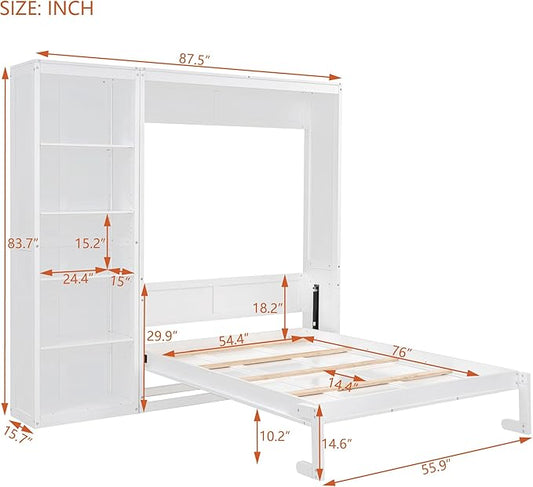 Merax Space-Saving White Murphy Bed Full Size with Adjustable Storage Shelves, Multifunctional Foldable Wall Bed for Small Spaces Studio Study Office Guest Room