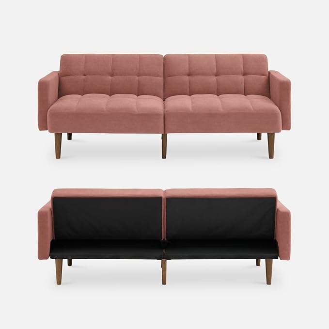 mopio Aaron 76.8" Couch, Small Futon Sofa Bed, Sleeper, Loveseat, Mid Century Modern Futon Couch, Sofa Cama, Couches for Living Room, Bedroom (Old Rosa, Velvet)