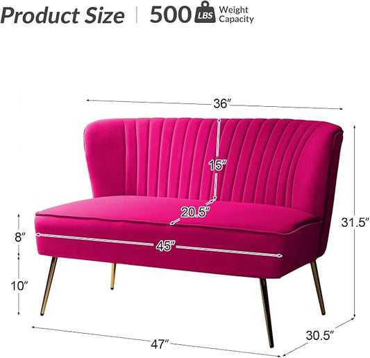 TINA'S HOME Contemporary Velvet Loveseat Sofa, Upholstered Loveseat Couch with Golden Metal Legs, Small Tufted 2-Seat Sofa Armless Love Seat for Living Room, Bedroom, Apartment Small Spaces, Fuchsia