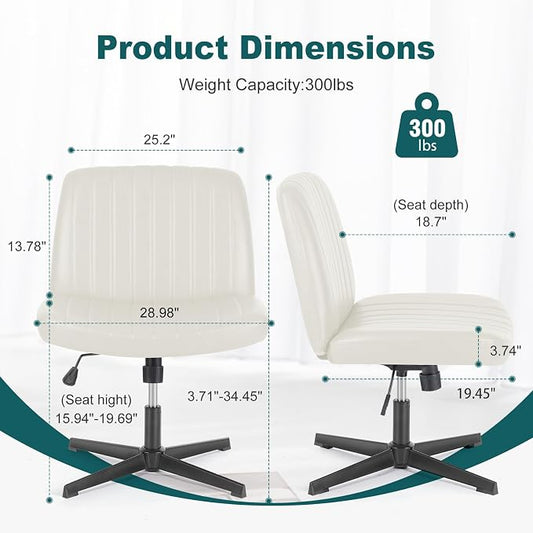 OLIXIS Criss Cross Legged Chairs Armless No Wheels Wide Seat Height Adjustable Swivel Padded PU Leather Home Office Desk Chair for Bedroom, Student, Study Room,Beige