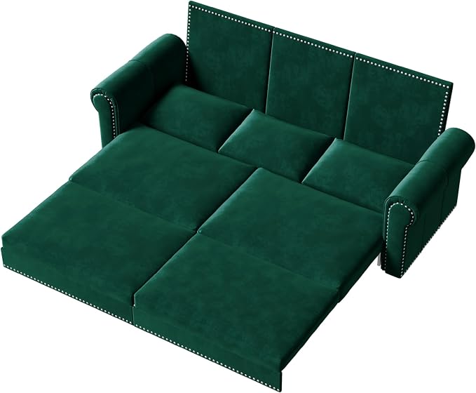 93.7" King Size Sleeper Sofa Bed, Pull Out Sofa Bed, Velvet Upholstery, 3 in 1 Convertible Sleeper Couch, Chaise Lounge, Retro Recliner for Living Room, Office, Apartment, Green