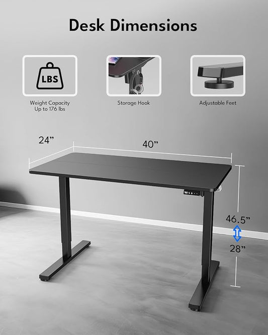 Standing Desk, Height Adjustable Electric Stand up Desk, 40 x 24 Inches Sit Stand Home Office Desk with Splice Board, Black Frame/Black Top