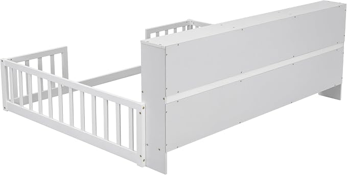 Bellemave Kids Montessori Floor Bed,Full Size Floor Bed with Bookcase and Shelves,Full Bed Frame with Guardrails for Kids,Girls,Boys,Full,White