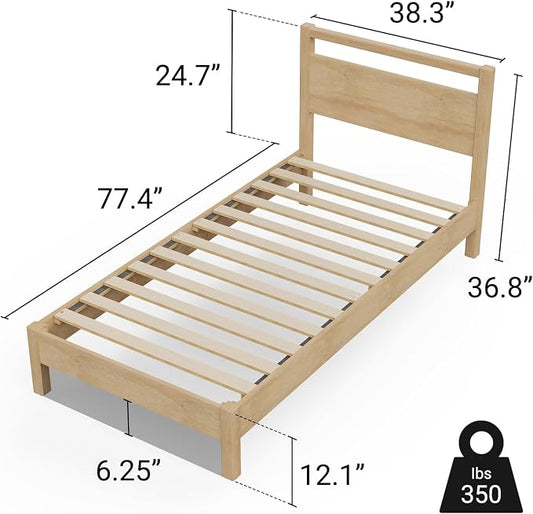 LIFEMENT Signature Wood Platform Bed Frame with Headboard, Essential, Noise Free, Under Bed Storage, No Box Spring Needed, Easy Assembly (Natural, Twin)