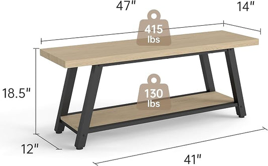 47" Wood Long Modern Farmhouse Entryway Bench, Wood Bedroom End of BedBench, Vintage Mid Century Rustic Style, Perfect for Mudroom, Storage, Living Room, Kitchen Natural Oak