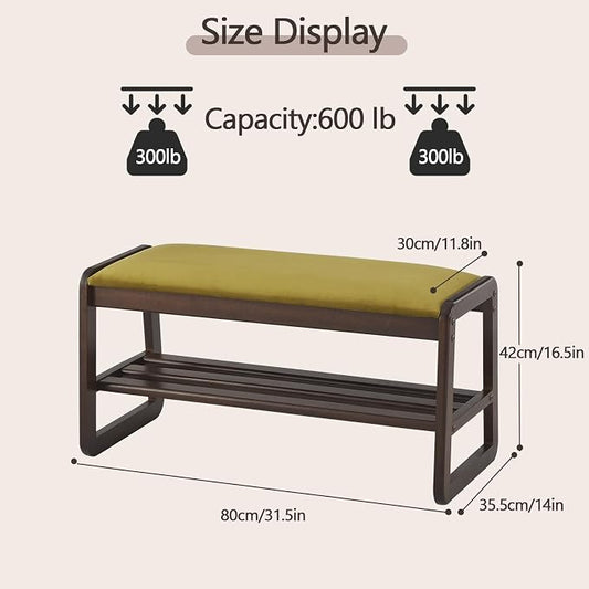 Achicsofar Shoe Rack Bench,2 Tier Solid Wooden Entryway Bench with Shoe Storage, Shoe Rack with Cushion for Living Room, Hallway(Olive Green, 31.5")