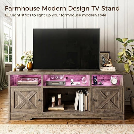 Casaottima TV Stand for 65 Inch TV, Farmhouse Entertainment Center with Power Outlet & LED Light and Storage Cabinets, Console Table and Media Furniture for Living Room Bedroom, Gray Oak