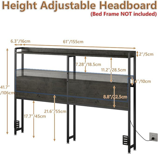 METYERRY Headboard for Queen Size Bed Frame with Storage, Height Adjustable, Headboards with Outlets, USB Ports, Type-C, LED Light, Sturdy and Stable Headboard, Black Oak,Bed Frame NOT Included