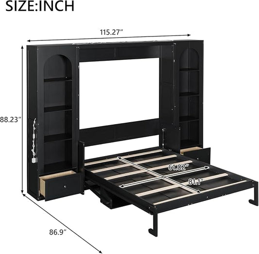MERITLINE Queen Murphy Bed with Desk and Storage & LED Light, Solid Wood Hideaway Murphy Wall Bed with Storage Shelves Bookcase and Drawers for Adults Bedroom Office Library (Queen,Black)