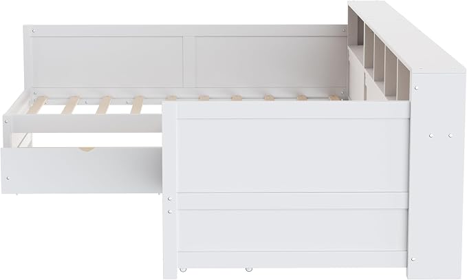 Bellemave L Shaped Corner Bed for 2 Kids, Double Twin Platform BedFrame with 3 Storage Drawers and Shelves, White